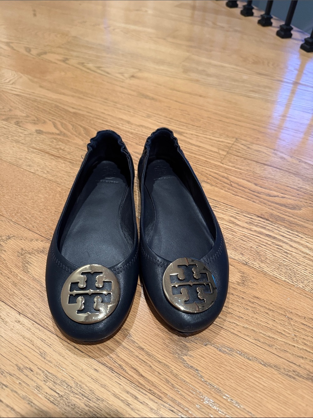 Tory Burch Navy Leather Logo Toe Ballet Flats with Gold Emblem